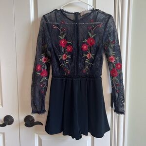 KeepSake Short Blue Embroidered Lace Romper-Size small